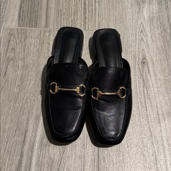 Lulus Black Leather Loafers with Gold Buckle - Picture 1 of 2